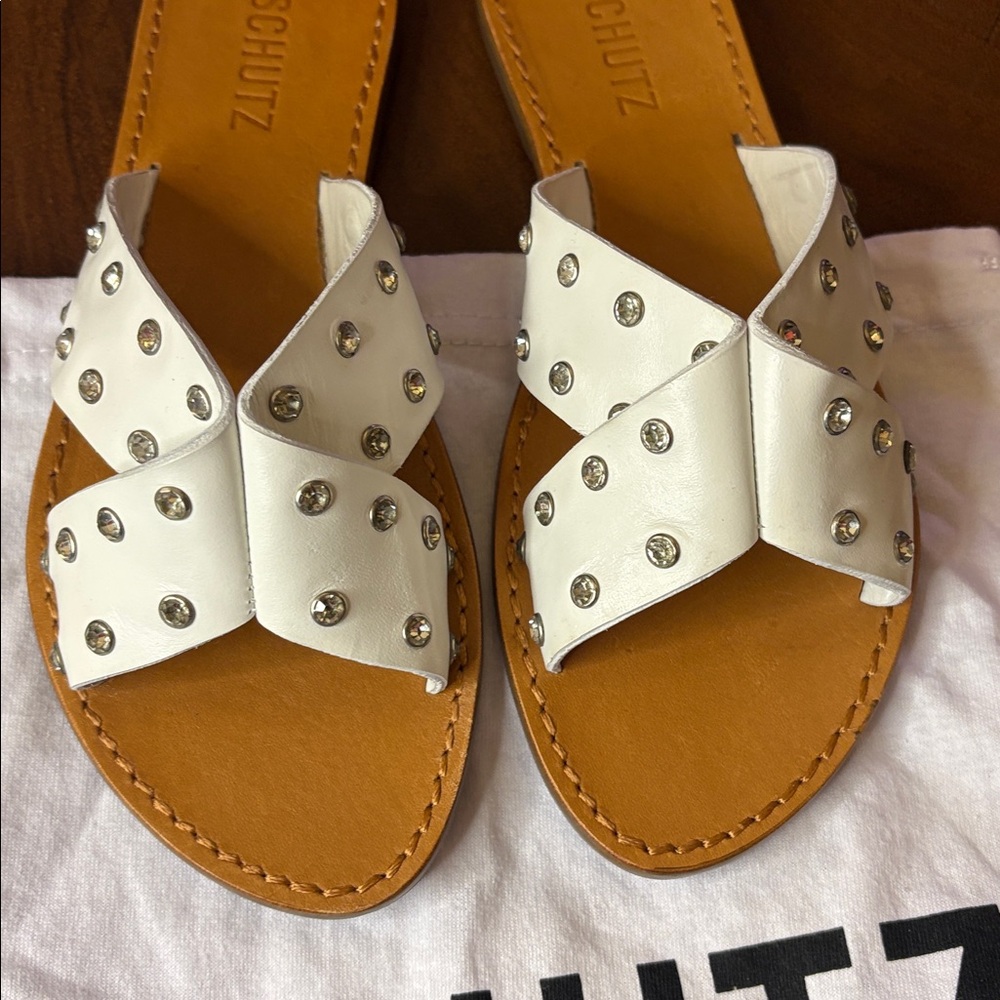 Schutz Marilu White studded leather slide sandal Size 7.5 New - Picture 2 of 5